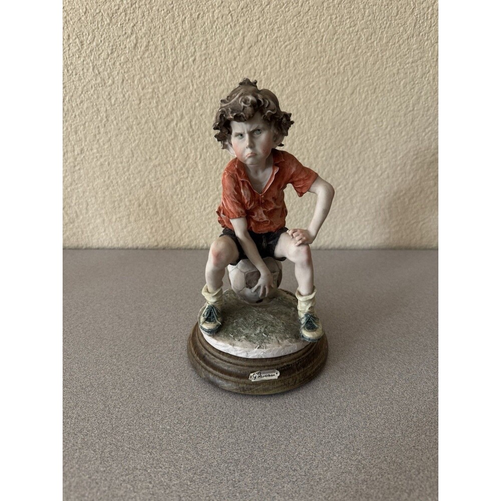 Signed G. Armani Style Vintage Italian Boy on Soccer Ball Figurine 9”